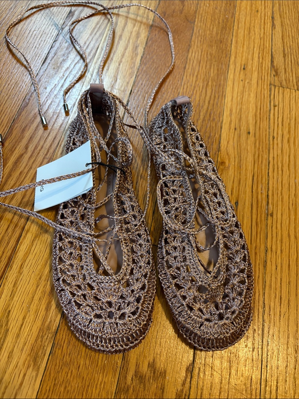 NWT Mango metallic dusty pink/ mauve crochet lace up ballet flats size 6